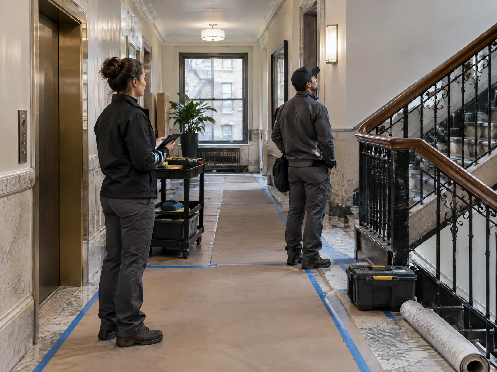 Professional maintenance team servicing an active NYC multifamily building