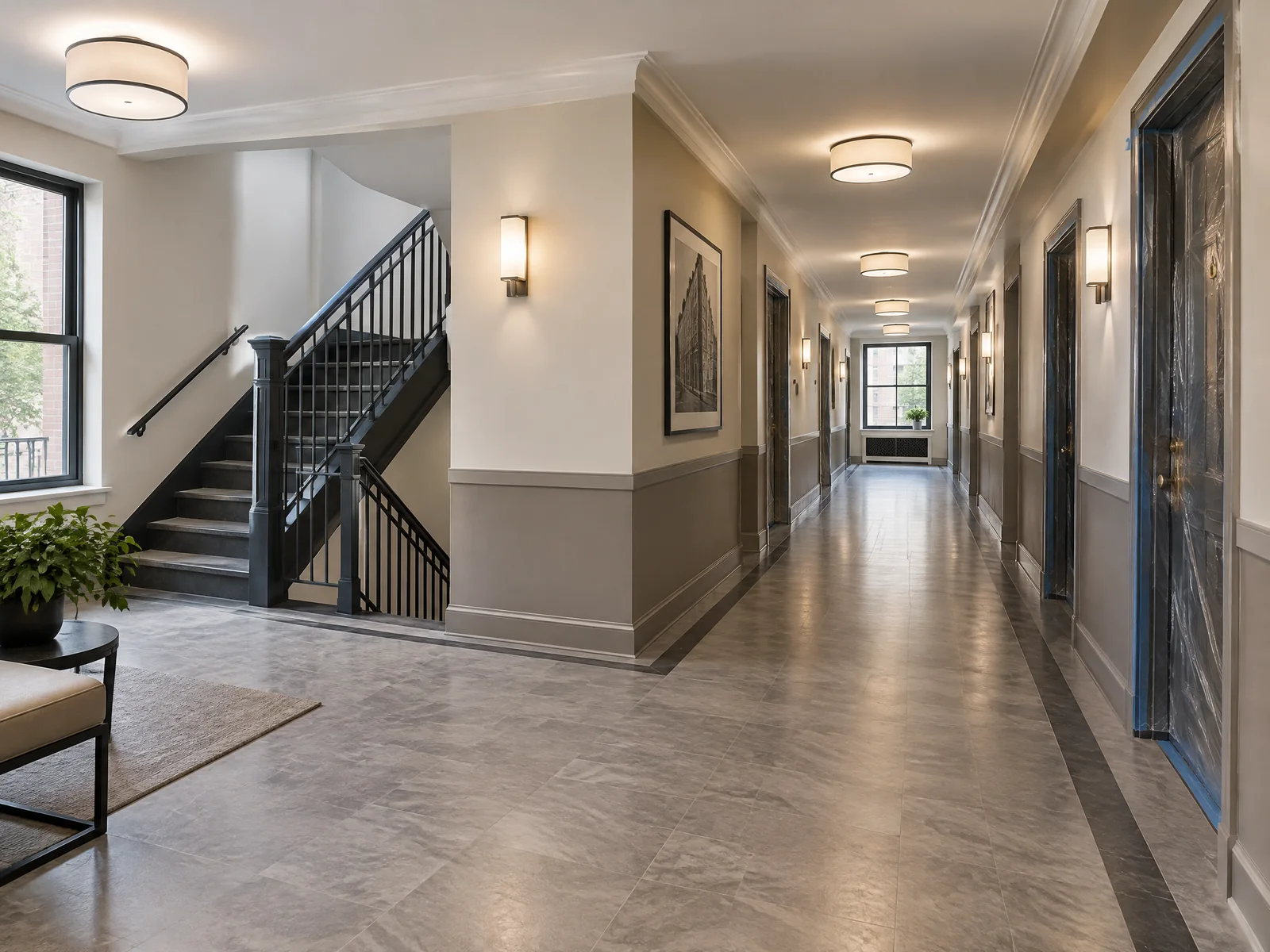 NYC apartment-building hallway undergoing professional improvements