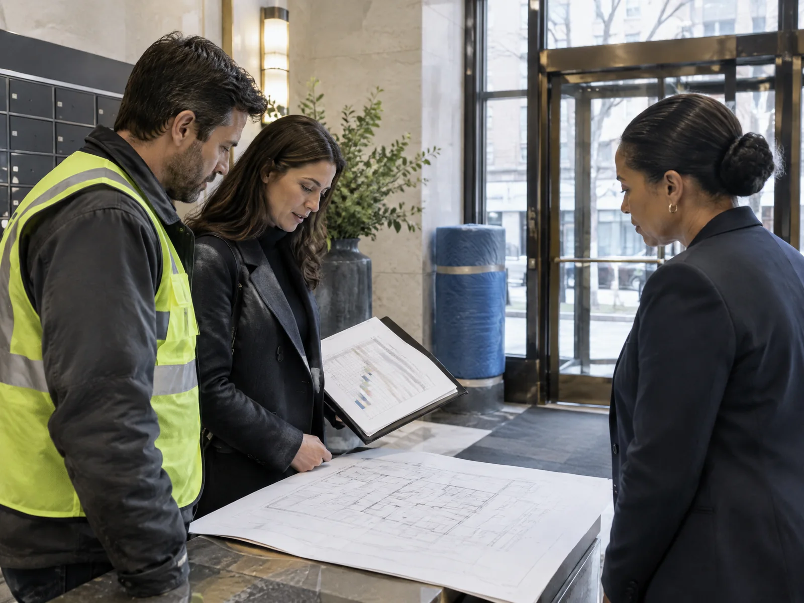 Contractor and building representative coordinating a NYC condo renovation