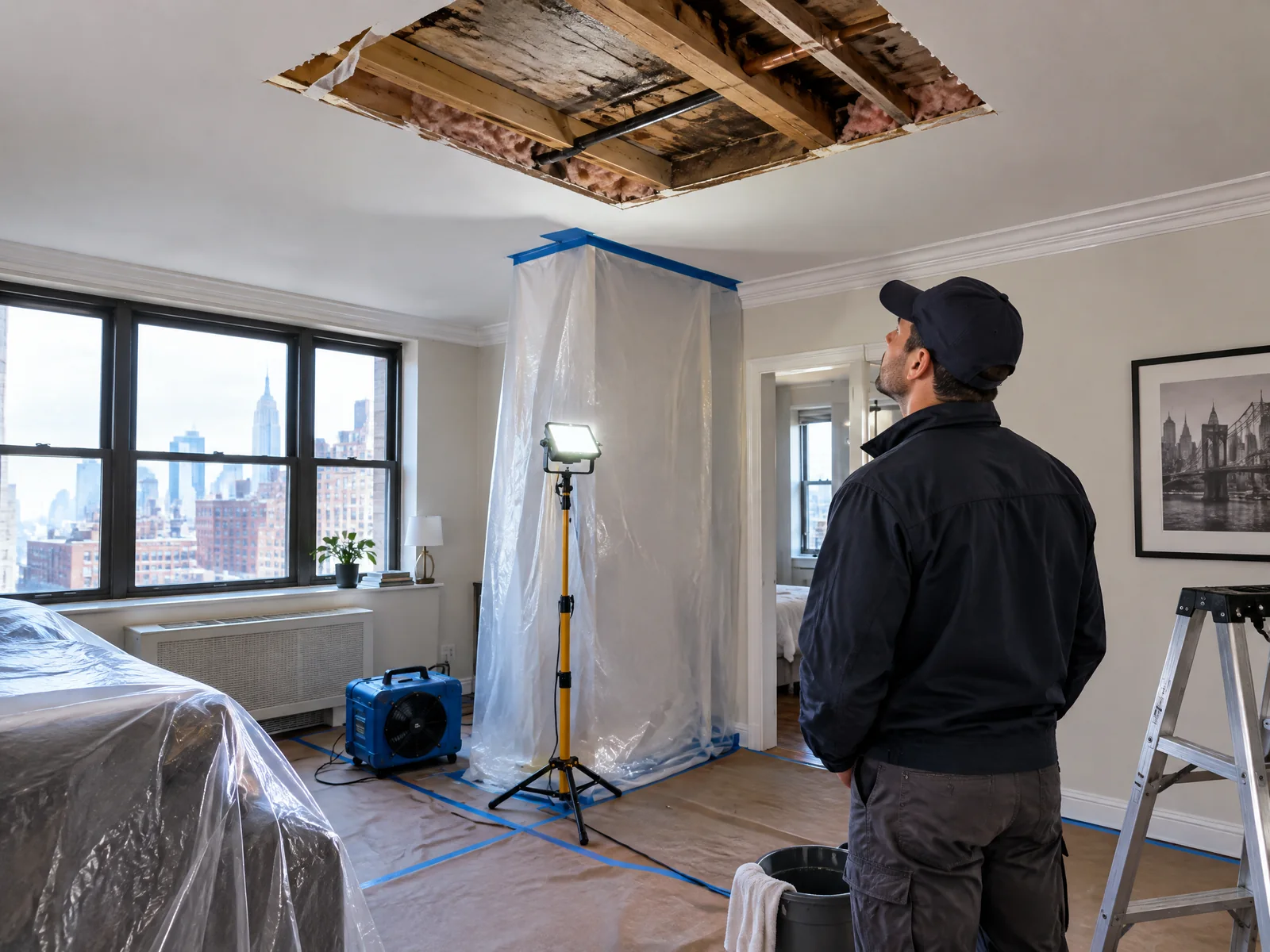 Technician assessing a contained ceiling-leak repair in a NYC apartment building