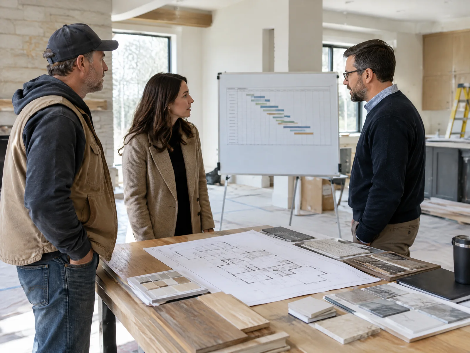 Residential construction team coordinating plans, finishes, and project sequencing
